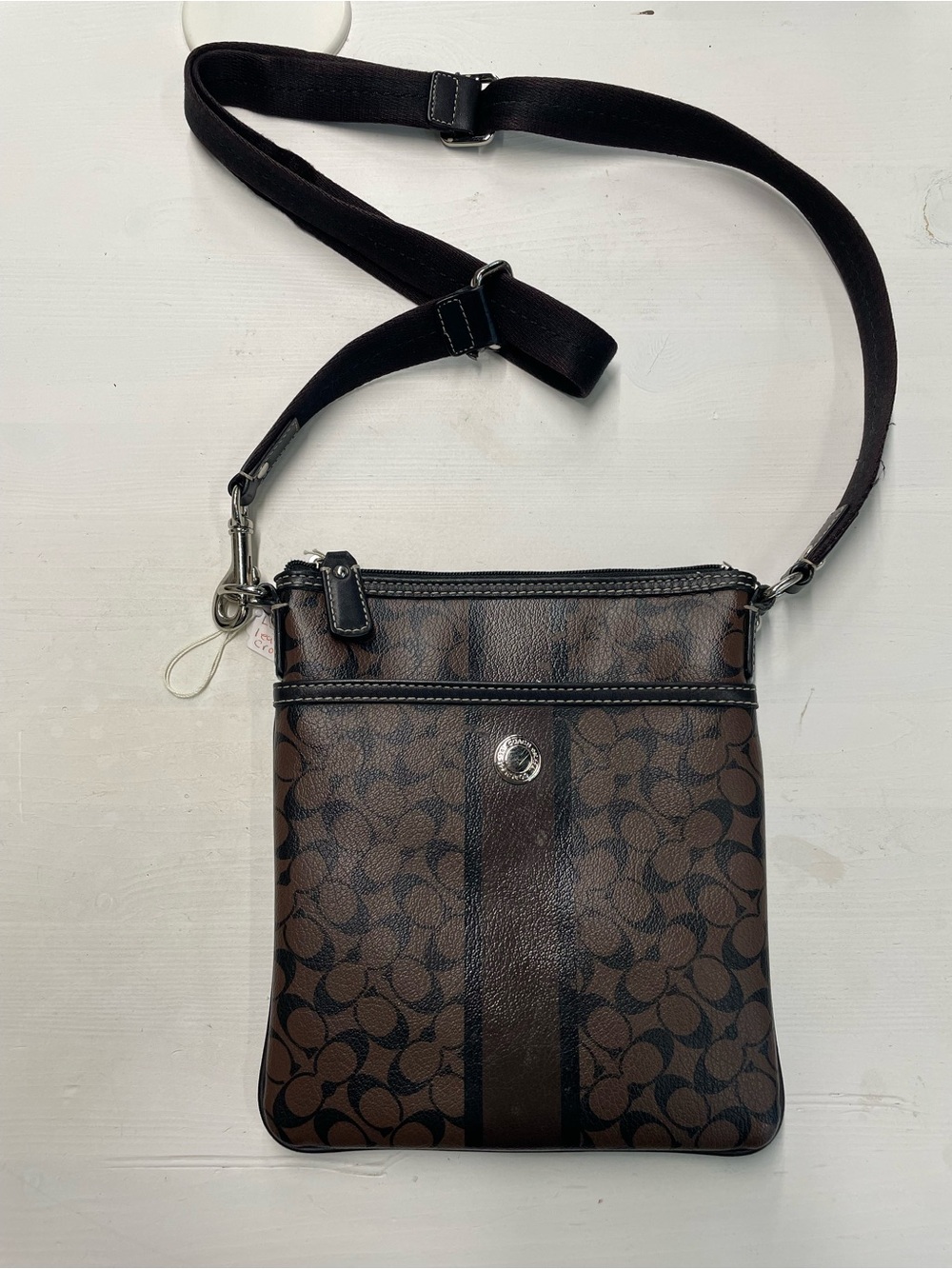 Coach Signature C Stripe Brown Black Crossbody Bag Messenger Purse